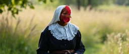 amish hen dressed in amish outfit