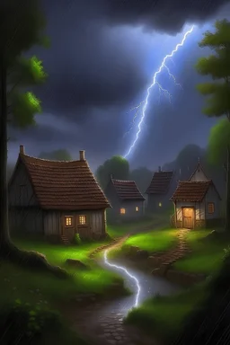 A village in the woods, lightning and rain
