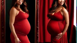 Gina Rodriguez Curvaceous and radiant physique Fiery red locks frame her face Elegant flowing maternity gown Maternal glow and resilience Bust size: 38 inches Subtle yet confident expression German teenager in transformation Heavily pregnant silhouette Tenderness in her curves Unexpected beauty in resilience Comfortable and harmonious attire Bathwater backdrop signifies change Youthful grace with maternal strength Roundness of the burgeoning belly Maternity elegance in transformation Cascading r