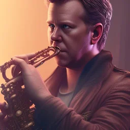 man playing saxophone, blade runner, kiefer sutherland, sebastian vettel, danny mcbride, low key lighting, volumetric light, digital art, highly detailed, fine detail, intricate, ornate, complex, octane render, unreal engine, photorealistic