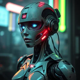 a robot from a dystopian future, cyberpunk aesthetic, worn with age, neon, feminine