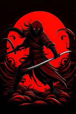 נינג'ה עם 9 זנבות בצבע אדום מגניב עם חרב ורקע מפחיד