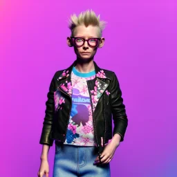 Tilda swinton toddler, full body, leather jacket, floral shirt, floral skirt, Nike sneaker, soft skin, city background, dramatic lighting, hyper realistic