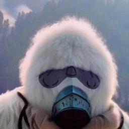 Yeti in a mask, background = (wildfires, mountains, fires, smoke, disaster)