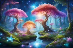 fairy forest with Cristal flower and colored magic trees in the background a cosmic sky with bright stars and shine beam
