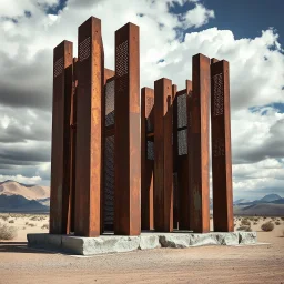 Fotografia di una struttura i metallo arrugginito, composta da elementi verticali e forati che ricordano delle strutture architettoniche. È fatta di un materiale poroso e corroso, metallo e pietra. La scultura è incastonata su un terreno desertico, con nuvole e cielo plumbeo. L'illuminazione della foto crea forti contrasti di luci e ombre, dando un aspetto drammatico e accentuando la tridimensionalità dell'opera.