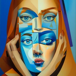 a painting of a woman's face with blue eyes, a cubist painting by Elizabeth Murray, behance, cubism, picasso, cubism, art