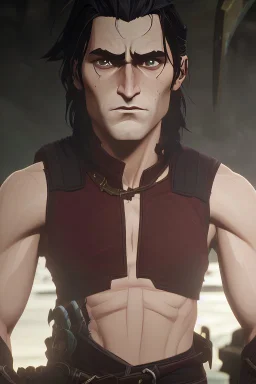 A portrait of Joaquin Phoenix in his early 30s, long beachy haircut, black hair, on a rocky island, in ebony armor from Skyrim, melancholic and dangerous facial expression, half-smiling