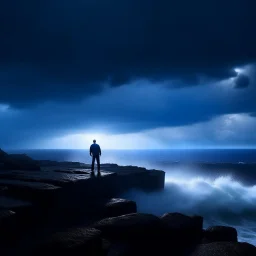 Ultra realistic, cinematic shot of a person standing on the edge of a cliff during a storm, looking out over turbulent seas with dark clouds swirling overhead. The figure is small compared to the vastness of the storm, symbolizing life's overwhelming challenges, yet they stand firm. Lightning illuminates the scene, creating a dramatic, intense atmosphere. Natural light. National Geographic style.