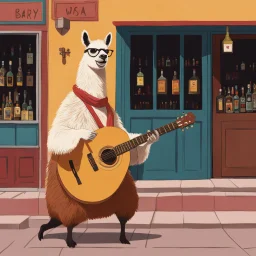 [art by Wes Anderson] a lama in playing guitar while singing on the doorstep of the bar
