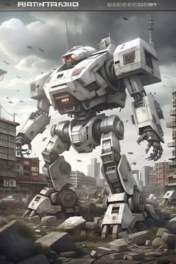 Giant Gundamn robot in the wreckage of a city, photorealistic