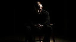 في الصورة، يظهر رجل جالس على كرسي في غرفة مظلمة. وجهه غير واضح، لكن يمكن رؤية عينيه مغمضتين. الرجل يرتدي ملابس سوداء، ويبدو أنه في حالة من الهدوء والتأمل.