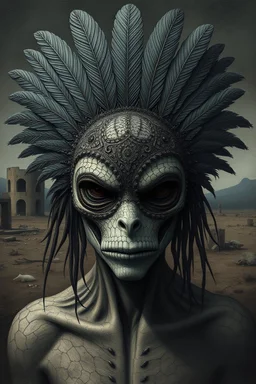 An surreal stunning image of a crepy ritualistic Feathered Mask-face mutant witd dark eyes, pale skin, on creature, with dark muted tones, a grim and weird atmosphere, textured impasto-like effect with ink, intricate details, surreal vibe, expressive focusing, muted tones, gradients, thriller and utopistic mood, in background barren landscape, ruins, dark shadows