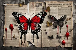 a black velvet butterfly is pinned to an old, dirty wall with a large shiny nail, red blood flows from the butterfly's wings and body, next to it on the wall are old, yellowed, cut-out newspaper articles about missing children, dirty fingerprints and drops of blood on the cracked, old gray-white wall , intricate details, sharp focus, cinematic, surreal, hauntingly beautiful, perfect composition