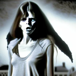 Regan Theresa Macneil possessed by Pazuzu (The exorcist, 1973),screenshot, Dark Foggy Georgeous Horror Dark Fantasy Art by James Bousema, digital illustration, evil,wild, cold stare ,photo-realistic, 32K,dynamic colors,high details,high definition,crystal clear image,aspect ratio 33:1,DIGITAL ILLUSTRATION by James Bousema Modifiers: Nikon D850 elegant Award winning photography fantasy photorealistic very attractive