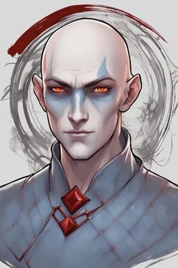 Generate me a normal human male D&D character with blue skin, red eyes, and is bald. The background should be a solid white.