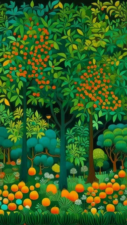 A dark green jungle with fruit trees designed in Indian Gond art painted by Paul Cezanne