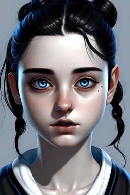realistic image of a girl with blue eyes and black hair tied in two low pigtails with tufts falling on her forehead. The girl is wearing a short white top made of shiny fabric and black sweatpants.