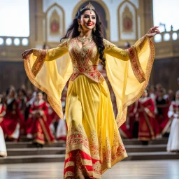 azeri female full bdy with traditional dance clothing in modern stage in a royal hall