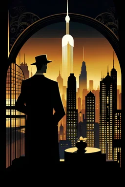 The cover depicts a stylized Art Deco skyline of New York City at dusk, with towering skyscrapers and twinkling lights, evoking the grandeur and glamour of the Jazz Age. In the foreground, a silhouette of Jay Gatsby is seen gazing towards the distant city, his enigmatic figure symbolizing the elusive American Dream and the pursuit of wealth and success.
