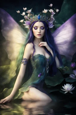 Dark purple hair , tiara, purple hair, dark , fairy,nymph saphire, blue, emerald,rapunzel hair ,enchanted ,,purpleydragonfly,elven crown, gothic,water lilies, lotus,pond,amethyst