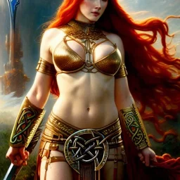 portrait 'beautiful Sexy busty Redhead Sif',Braids,horned helmet, celtic tattoed,painting by gaston bussiere, greg rutkowski, yoji shinkawa, yoshitaka amano, tsutomu nihei, donato giancola, tim hildebrandt, oil on canvas, cinematic composition, extreme detail,fit full head inside picture,32k