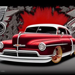 black and red colored two tone ( stylized, sketched volumetric museum show room environment and background ), close-up of custom 1948 chevrolet fleetline, lowered, chopped roof, multi-layer paint, high-end custom car, classic hotrod wheels, small minutiae, tiny features, particulars, hires, 8k, uhd, realistic shaded hdr lighting, global illumination, ambient occlusion, backlight, centered camera, sunlight caustics, volumetric clouds, colour-washed colors, colorful magazine shot by shiro nakamura