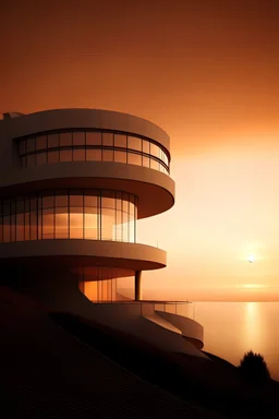 Minimalist technological architecture, multi-level superimposition, large-scale blank space, evening sunset, graceful shape, incredible structure