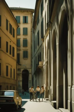 A realistic photo of a Milano in late spring, a pair of inamorato young people on the street, early evening, last shines of sun. Photo taken by Mamiya M645 camera with low-speed film, highly detailed, wide lens