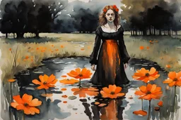 Night, one woman, orange flowers, gothic horror movies influence, puddle, epic, winslow homer watercolor paintings