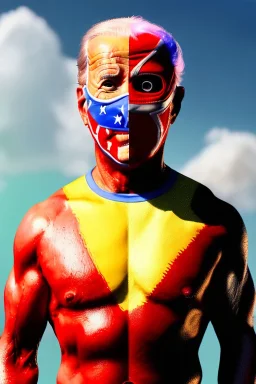 realistic image of joe biden as a mexican wrestling fighter posing, Mexican eyes wrestling mask, red and blue breeches, retro style, 80s, vibrant color, highly detailed, sky background, concept art, unreal engine 5, god rays, ray tracing, RTX, lumen lighting, ultra detail, volumetric lighting, 3d, finely drawn, high definition, high resolution.