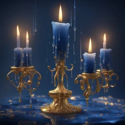 Midnight blue candles on a three-armed gold candlestick, dripping wax. Illustrative art, art interpretation, concept art, cgsociety contest winner, seasonal art, seasonal art HD, 4k, 8k, intricate, detailed, intricately detailed, luminous, translucent fantasy crystal, holographic data, soft body, shadow play, light, fog, atmospheric, cinematic, light film, hyper-detailed, hyper-realistic, masterpiece, atmospheric, high resolution, 8k, HDR, 500px, mysterious and artistic digital art, phototic, in