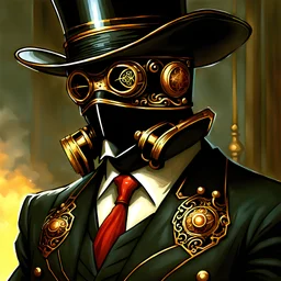 90's fantasy tcg art of a top hat man with a metal mask