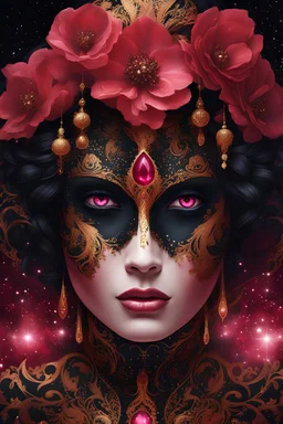black and pink and gold theme, close-up bioluminescent sparkling crimson red very different face of a woman surrounded by gold sparkles and black flowers, crimson red painted face, expressive and mysterious, a galaxy in her eyes, eyes pointed upwards, in a mysterious dark landscape, detailed matte painting, fantastical, intricate detail, splash screen, colorful, fantasy concept art, 8k resolution, Unreal Engine 5, centered, high contrast sharp focus, black and red theme, glossed and polished
