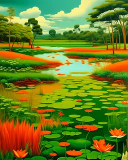 Green wetlands with fiery orange lilies painted by Edward Hicks