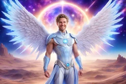 cosmic angelic beautiful men, smiling, with light blue eyes and strong angelic wings, in a magic extraterrestrial landscape with coloured land, stars and bright beam in the sky