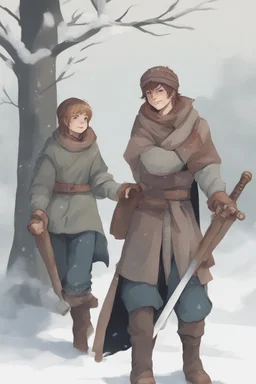 DnD style, two medieval peasant kids playing in the snow, female age 14 and male age 15, happy and playful, he has a short sword. Coats and pants