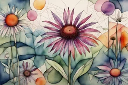 Create a surreal abstract watercolor and ink painting of an Echinacea in a garden. In the style of Paul Klee, Picasso, Matisse. Geometric. Map like qualities. Modifiers: elegant intricate beautiful high detail high definition crisp quality colourful zentangle