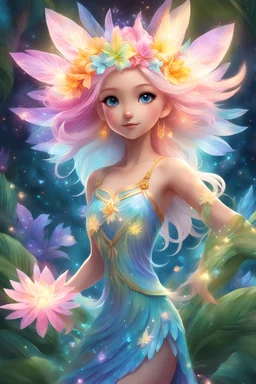 In this captivating children's illustration, you will meet a Hawaiian flower goddess anime girl with bright and vibrant pastel hair that glows with a magical aura. She stands in a magnificent full body view, exuding grace and power. With her mystical abilities, she casts a mesmerizing crystal flower spell, harnessing the beauty and energy of nature. The illustration is brought to life through digital painting techniques, showcasing clear and vibrant colors that capture the essence of this enchan