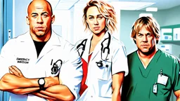 Fotorealistisch Vin Diesel als Notarzt, Jack Black als Sanitäter, Owen Wilson als Ambulanzfahrer, Miley Cyrus als Patient