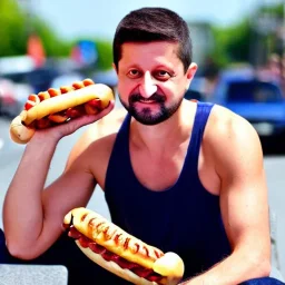 Volodymyr Zelensky WITH A BEARD wearing TANKTOP EATING A HOTDOG