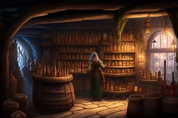 inside of a medieval shop, wooden walls, log pillars, stone bar with shop keeper behind it, magical ingredients on display and weapons on display. people, elves, goblins, orcs, dwarves and lizard folk in room