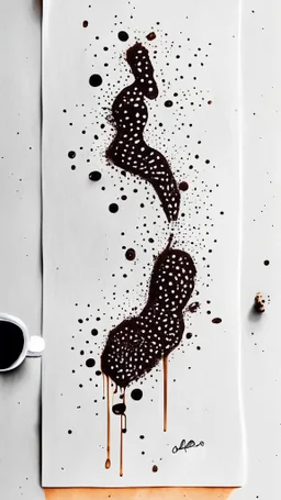 Tattoo on white paper, anatomical coffee, bright brown drawing, black paint strokes on background, large black strokes background, polka dot pattern