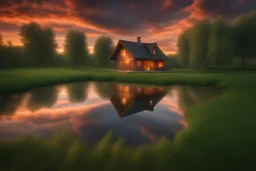 small pond beside the beautiful small house, stunning sunset,early evening, wild clouds,ultradetailed, insane resolution,,8k, hdr