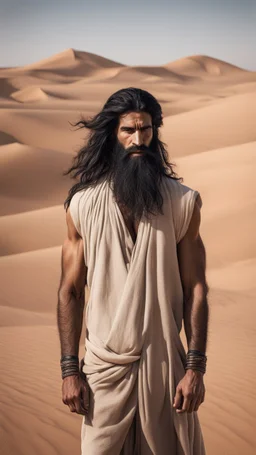 An Arab man in the desert, tall and strong, with long black hair and a thick beard. A long face, a large nose, a thick face, and sharp black eyes. A solid and muscular body with a strong build.