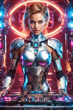 Front view gorgeous Realistic Photography beautiful super model Russian as playing Dj player with body full mechanical ironman cyborg realistic beautiful woman hyper detailed,disco club background