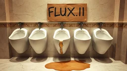 row of fine white porcelain urinals lined up on a wall in a nice restaurant men's room with marble floors and walls but one of the urinals is colored brown with a giant crack and is leaking brackish water on floor, above the broken urinal is a cardboard sign with written text "FLUX1.1", puddle of dirty water on floor, concept art, hyperreal