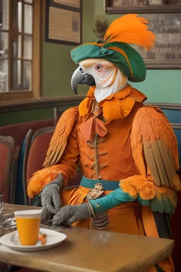 Half parrot half human in a 1700s Orange Dutch uniform in a Dutch cafe
