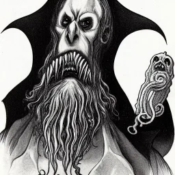 Cthulhu with white skin and a beard made of fleshy tentacles as a Russian Orthodox nosferatu with yellow eyes and vampire fangs and quills on the head