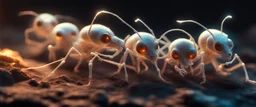 close up on glowing transparent ant skeleton rat babies, raised by ninja necromancer in the wild